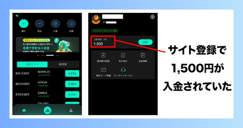 サイト登録で1,500円が入金されていた