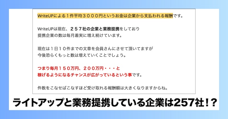 writeupと提携している企業は257社と言われている